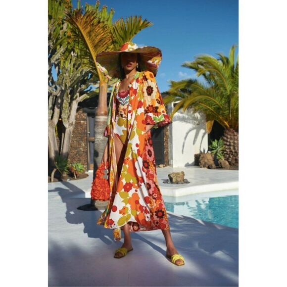 Celia B yellow orange white retro floral mixed print Titanite oversized kaftan - Picture 1 of 6